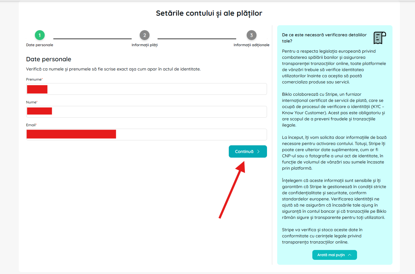 Попълване на лични данни в процеса на създаване на финансова сметка в Biklo