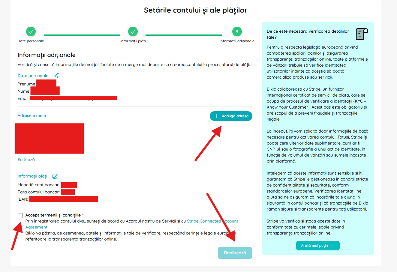 Попълване на допълнителна информация и споразумения в процеса на създаване на финансова сметка в Biklo